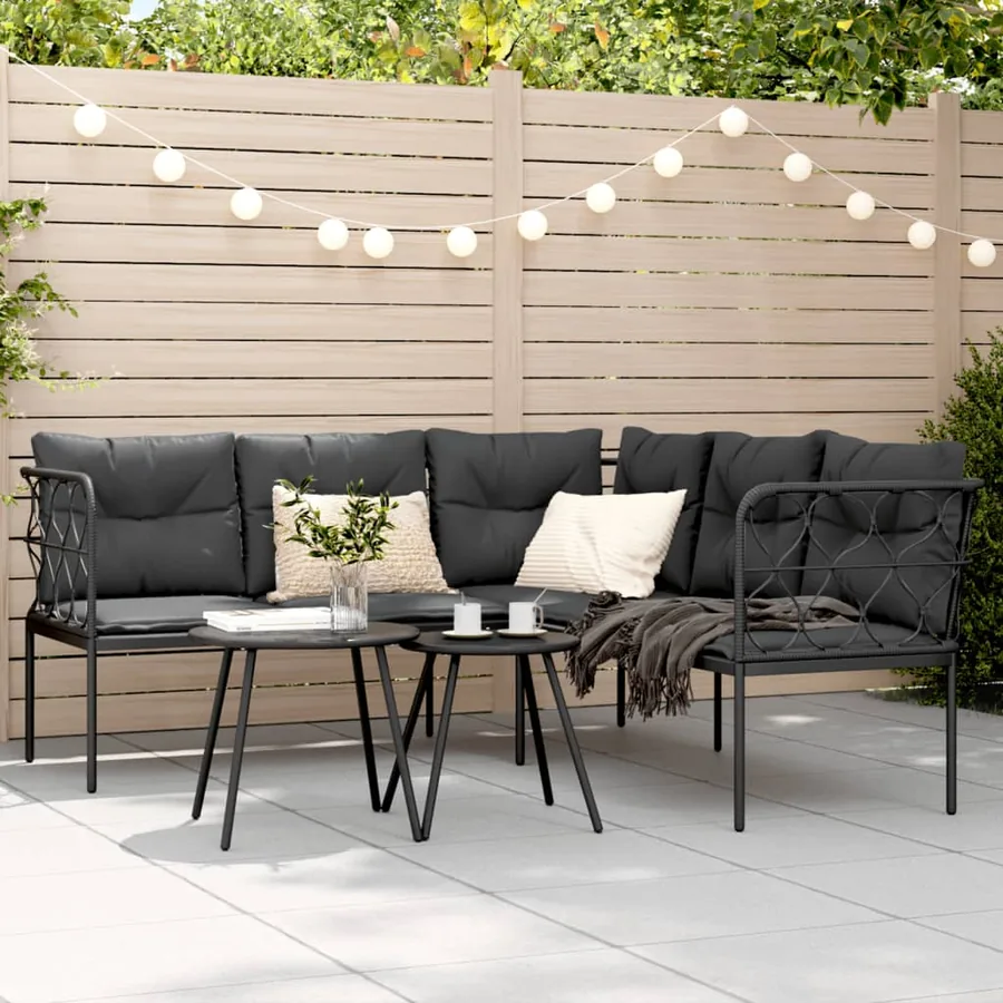Canapé de jardin avec coussins forme de L noir acier textilène