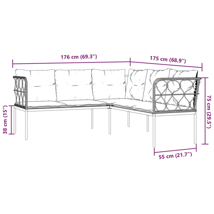 Canapé de jardin avec coussins forme de L noir acier textilène - 9