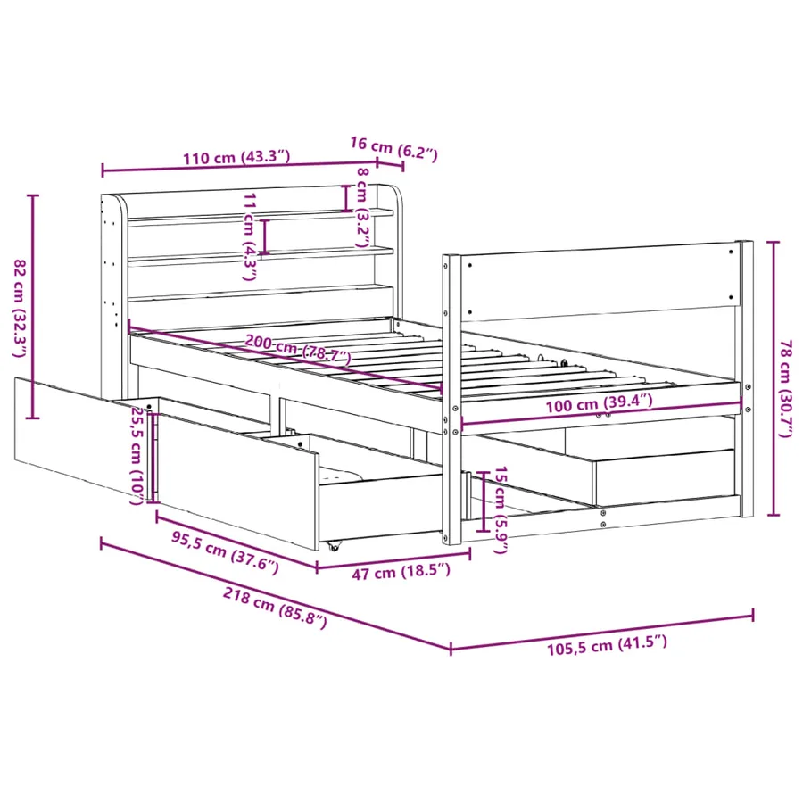 Cadre de lit sans matelas cire marron 100x200cm bois pin massif - 12