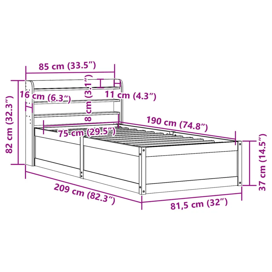 Cadre de lit avec tête de lit 75x190 cm bois de pin massif - 12