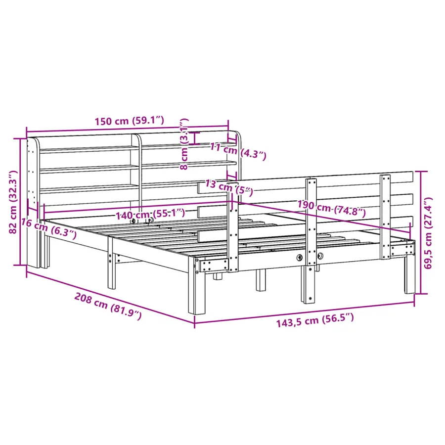 Cadre de lit et tête de lit sans matelas cire marron 140x190 cm - 11