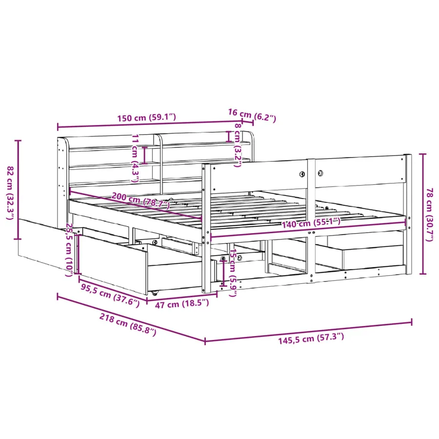 Cadre de lit sans matelas cire marron 140x200cm bois pin massif - 12