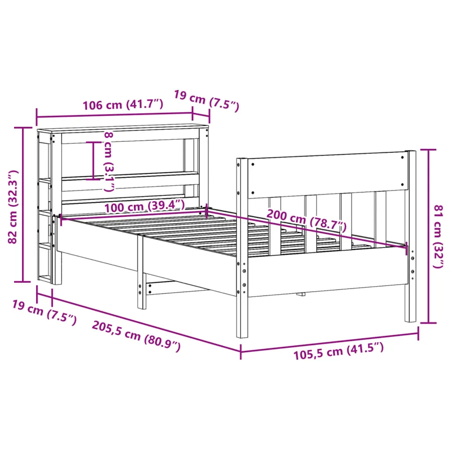 Cadre de lit sans matelas cire marron 100x200cm bois pin massif - 12