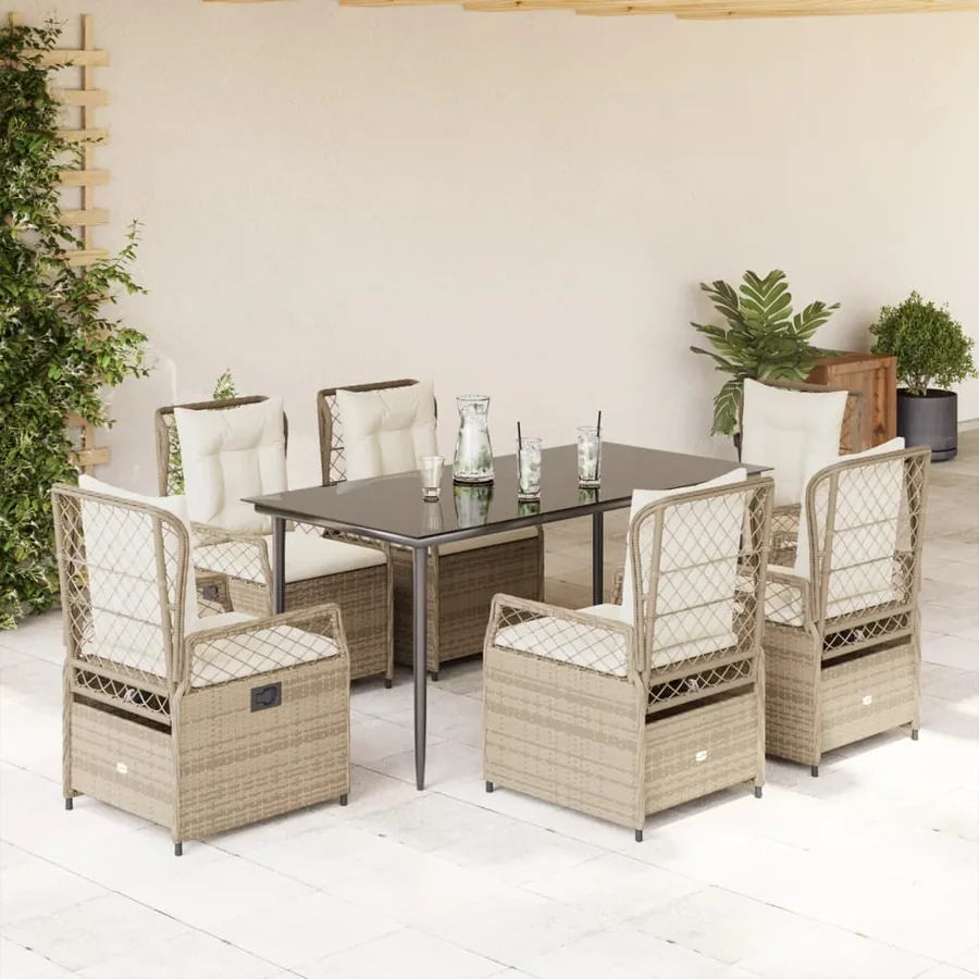 Ensemble à manger de jardin et coussins 7 pcs beige poly rotin