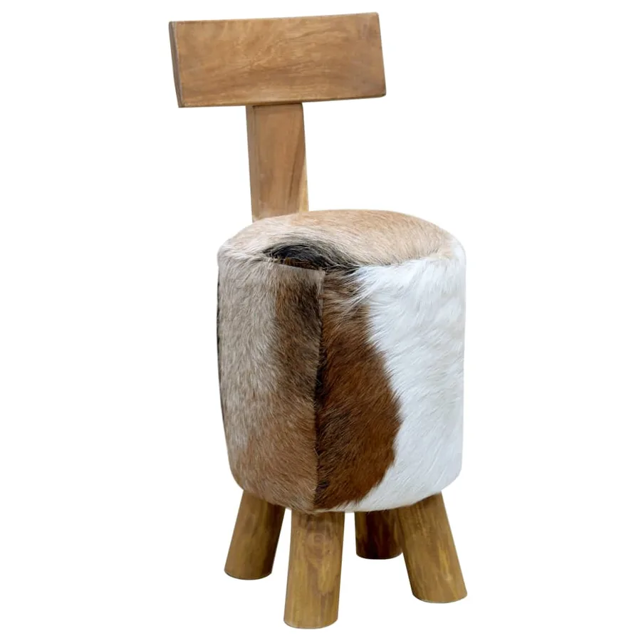 Tabouret cuir de chèvre et Bois de teck solide - 10