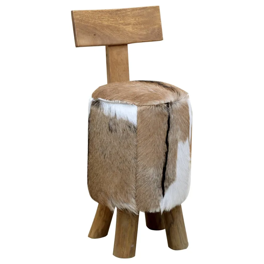 Tabouret cuir de chèvre et Bois de teck solide - 7