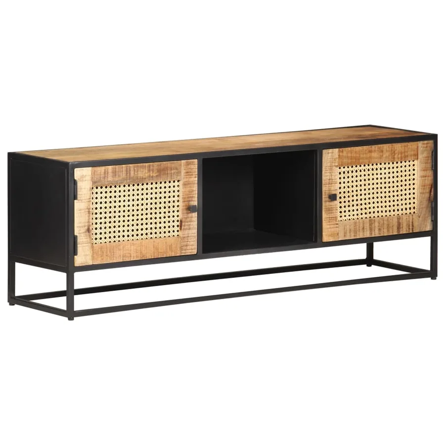 Meuble TV 120x30x40 cm Bois de manguier brut et canne naturelle