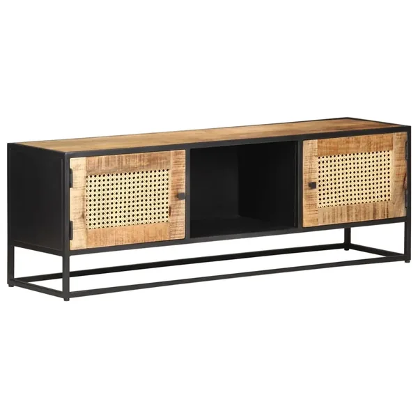 Meuble TV 120x30x40 cm Bois de manguier brut et canne naturelle