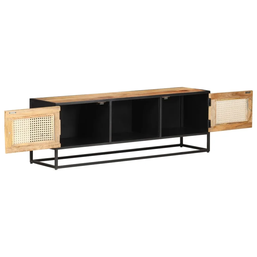 Meuble TV 120x30x40 cm Bois de manguier brut et canne naturelle - 2