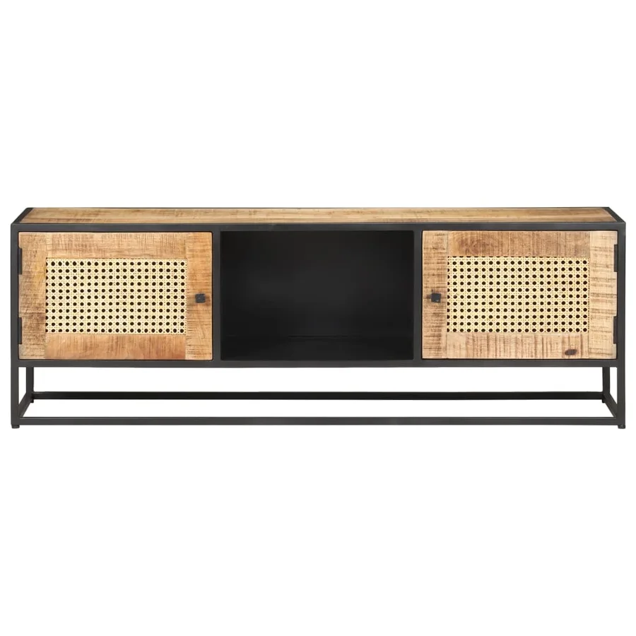 Meuble TV 120x30x40 cm Bois de manguier brut et canne naturelle - 3