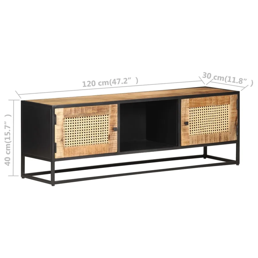 Meuble TV 120x30x40 cm Bois de manguier brut et canne naturelle - 7