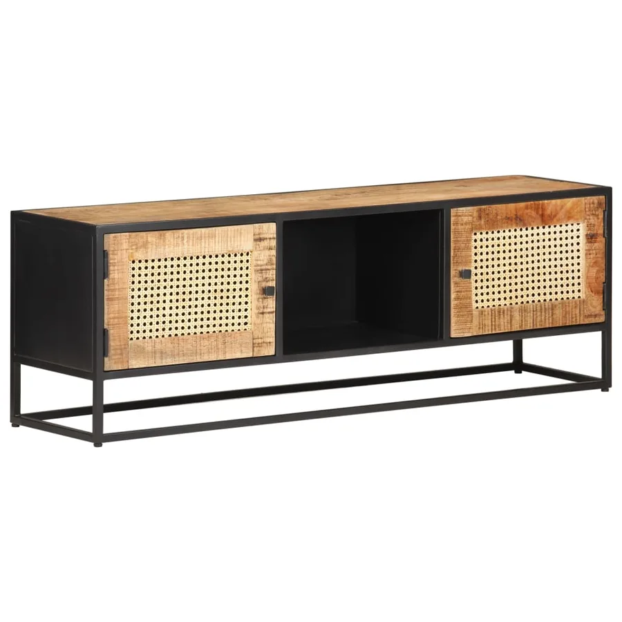 Meuble TV 120x30x40 cm Bois de manguier brut et canne naturelle - 8