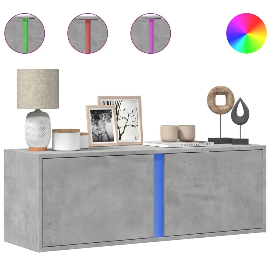 Meuble TV mural avec lumières LED gris béton 100x31x35 cm - 2