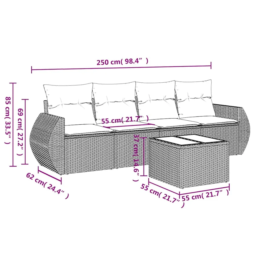 Salon de jardin 5 pcs avec coussins gris clair résine tressée - 3
