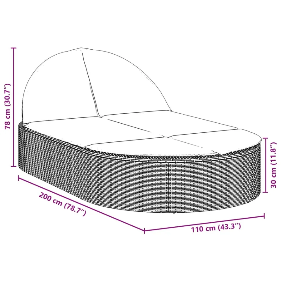 Chaise longue double avec coussins gris résine tressée - 8