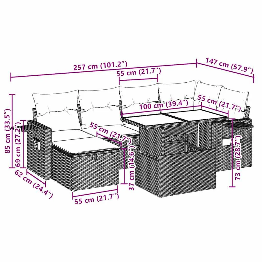 Salon de jardin avec coussins 7 pcs gris clair résine tressée - 14