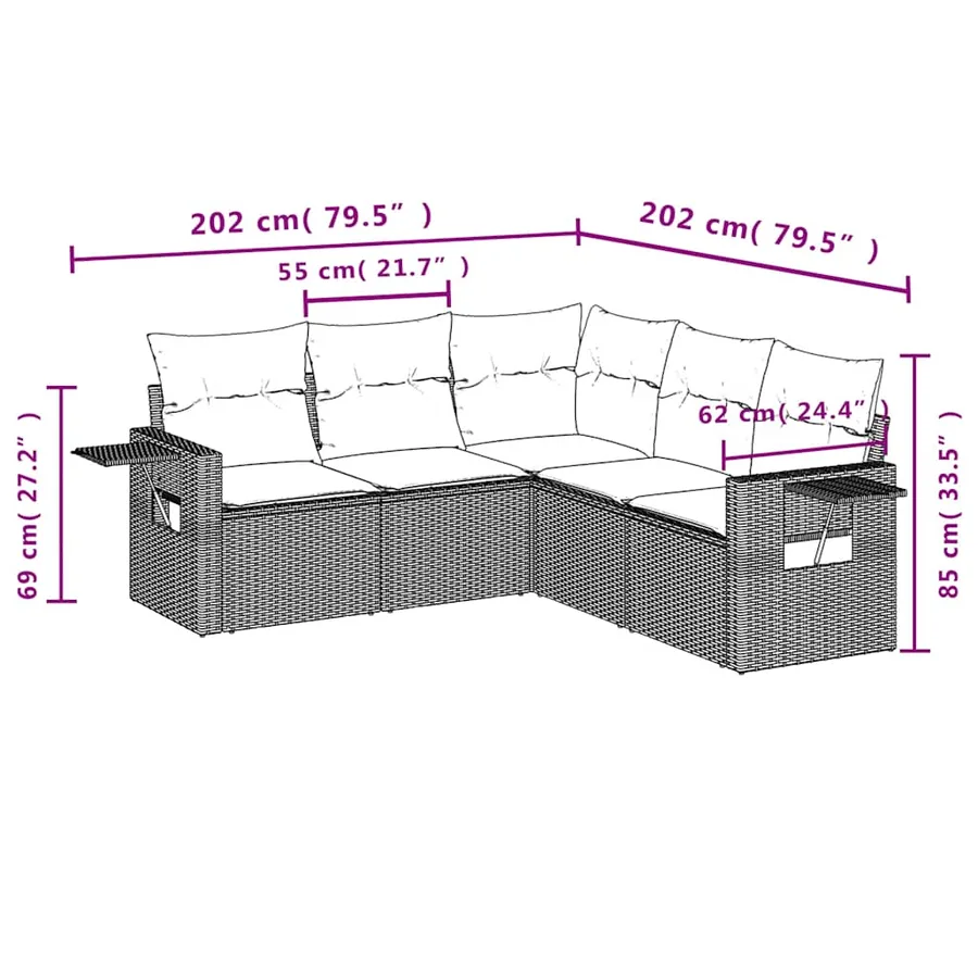 Salon de jardin 5 pcs avec coussins gris clair résine tressée - 8