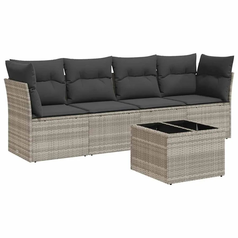 Salon de jardin 5 pcs avec coussins gris clair résine tressée - 2