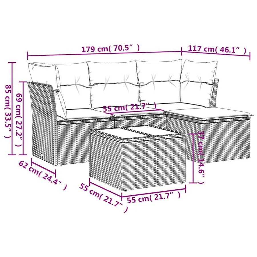 Salon de jardin 5 pcs avec coussins gris clair résine tressée - 3