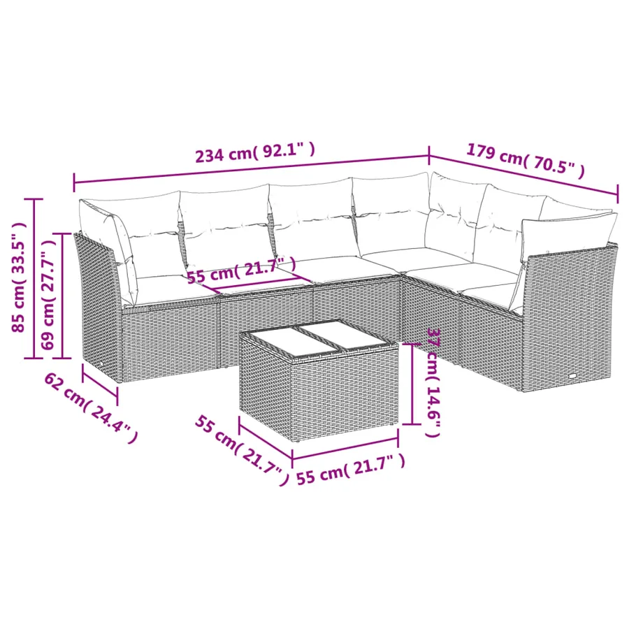 Salon de jardin avec coussins 7 pcs gris clair résine tressée - 3