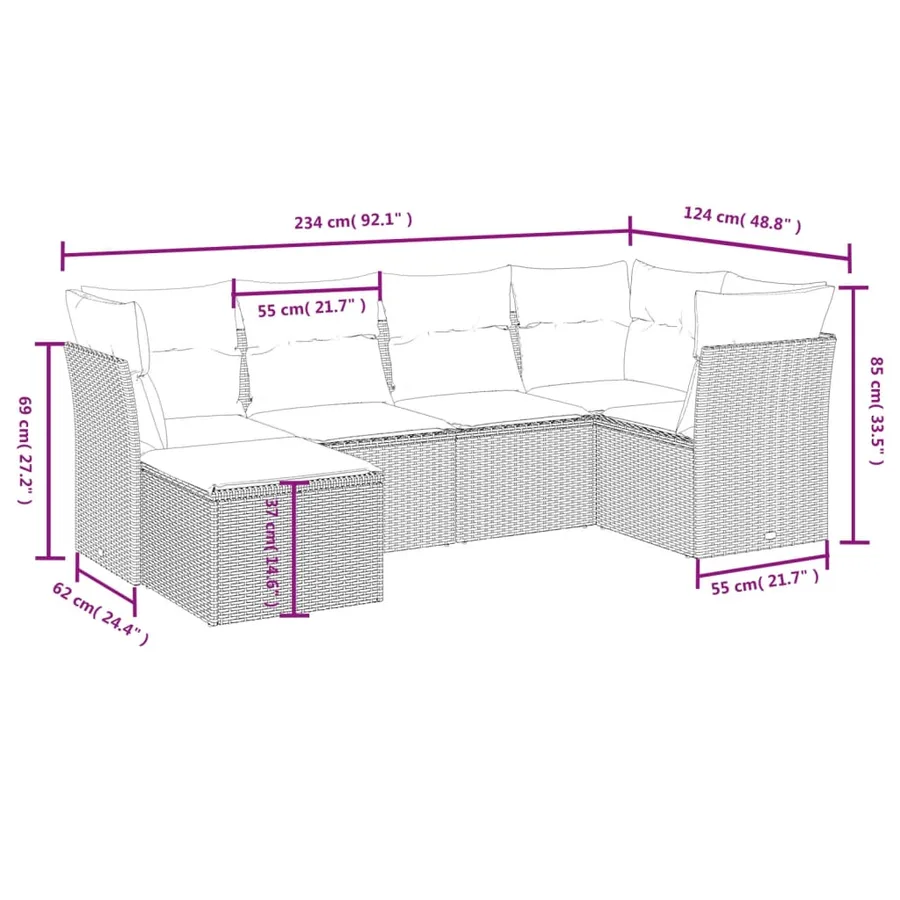 Salon de jardin 6 pcs avec coussins gris clair résine tressée - 4