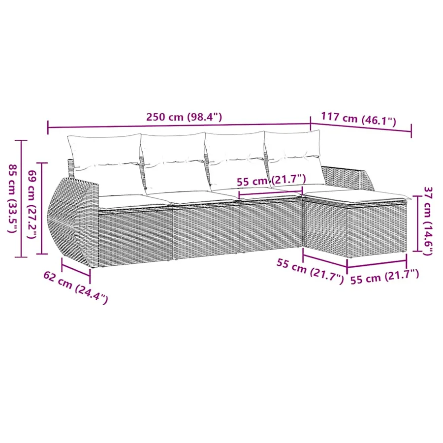 Salon de jardin 5 pcs avec coussins gris clair résine tressée - 7