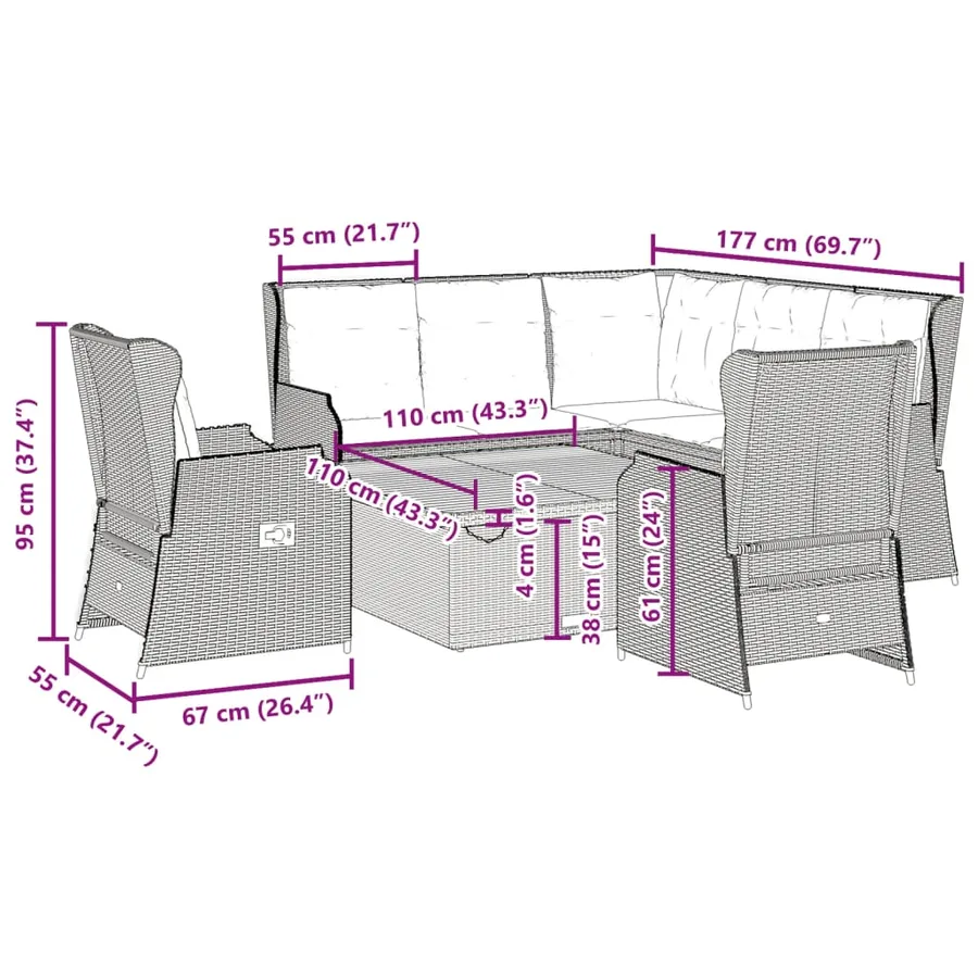 Salon de jardin 6 pcs avec coussins Gris Résine tressée - 12