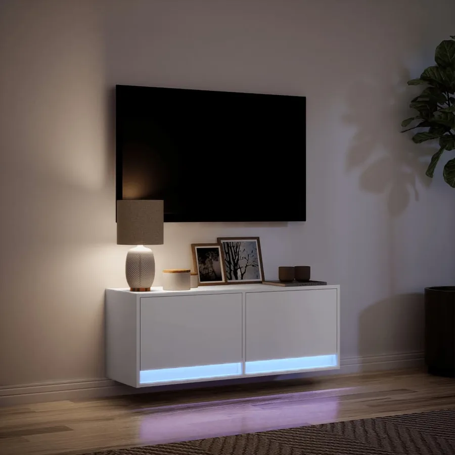 Meuble TV mural avec lumières LED blanc 100x31x35 cm - 5