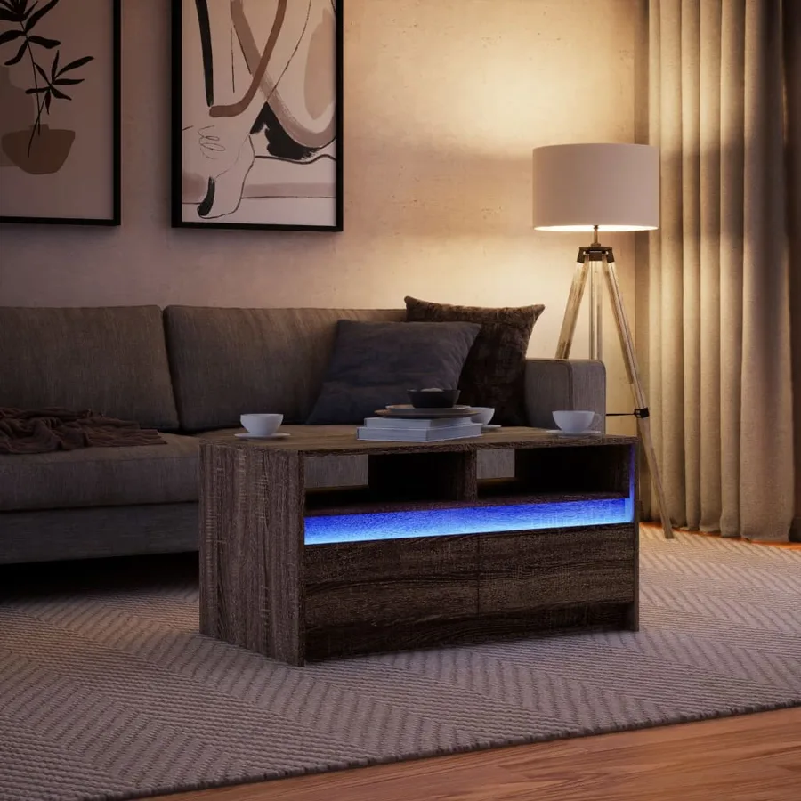 Table basse avec lumières LED chêne marron bois d'ingénierie - 5
