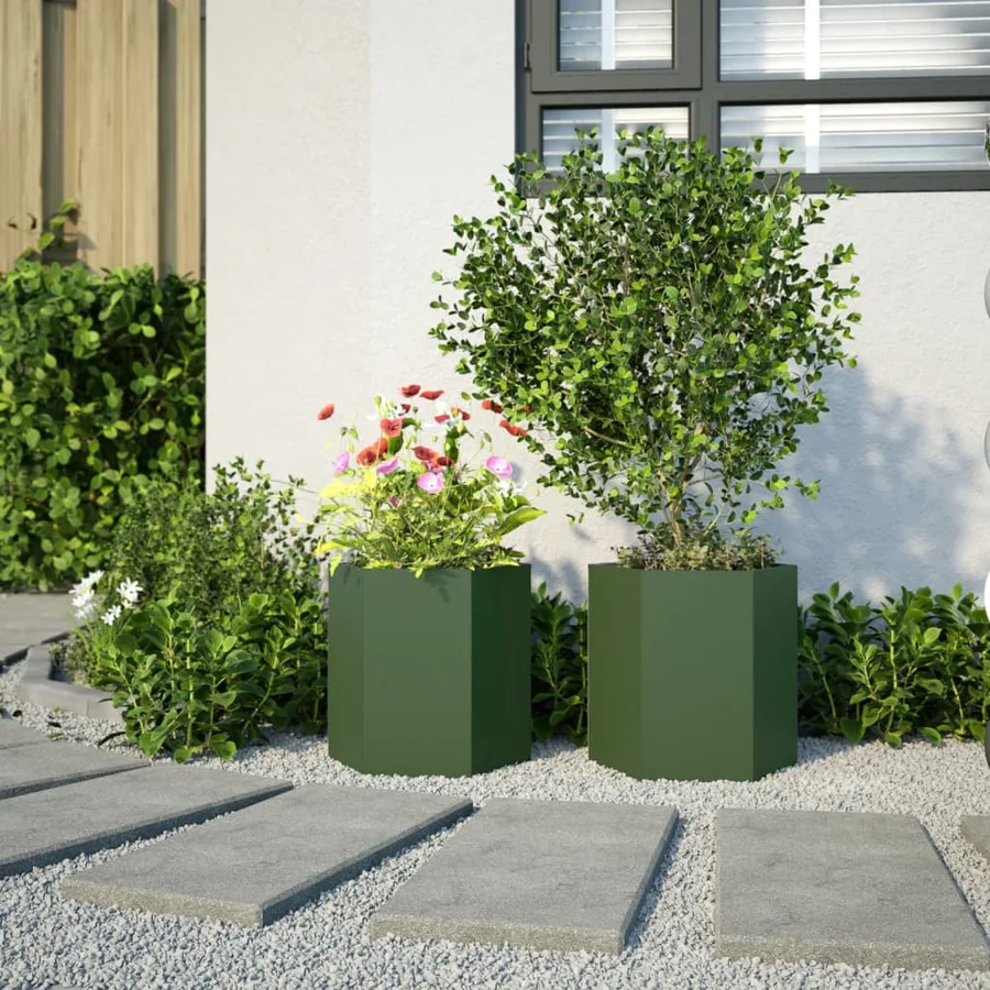 Jardinières 2 pcs vert olive hexagone 46x40x45 cm acier - 3