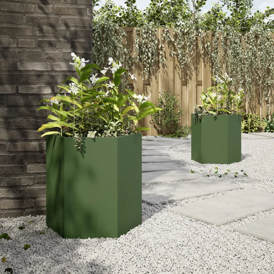 Jardinières 2 pcs vert olive hexagone 46x40x45 cm acier - 4