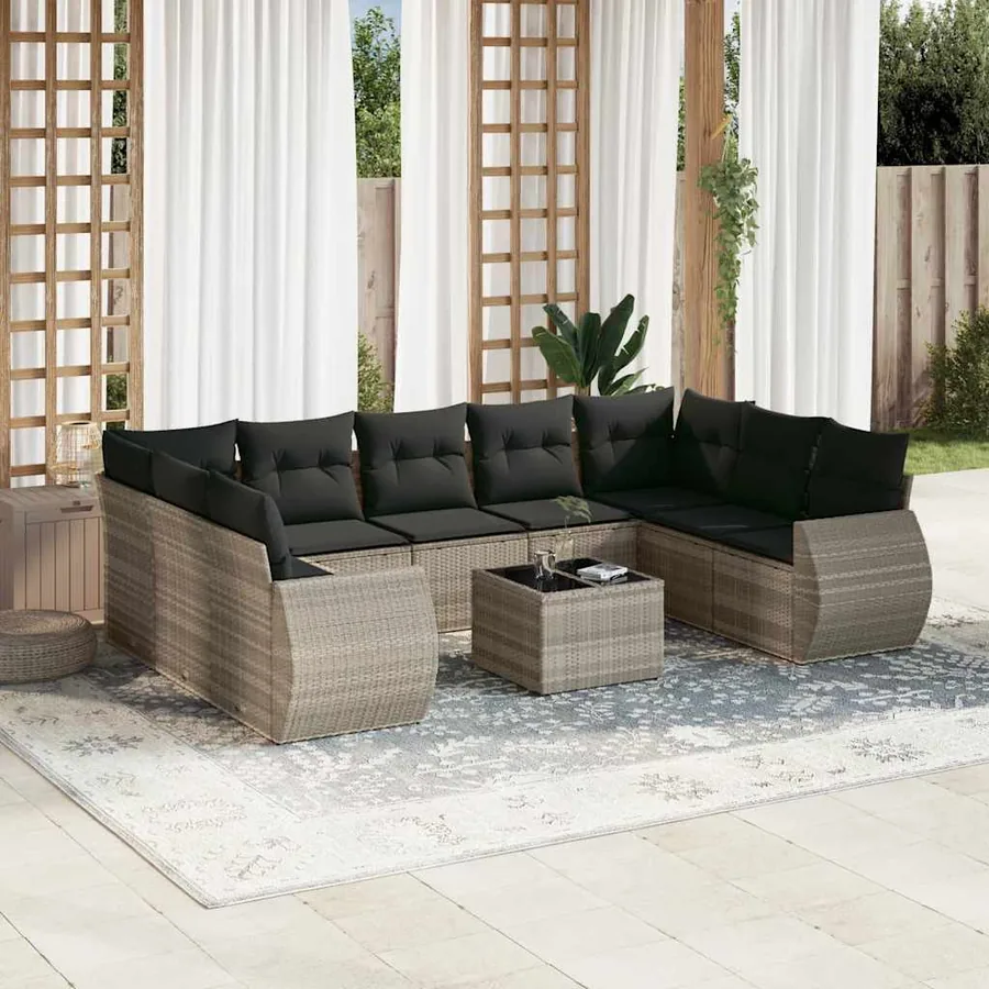 Salon de jardin avec coussins 10 pcs gris clair résine tressée
