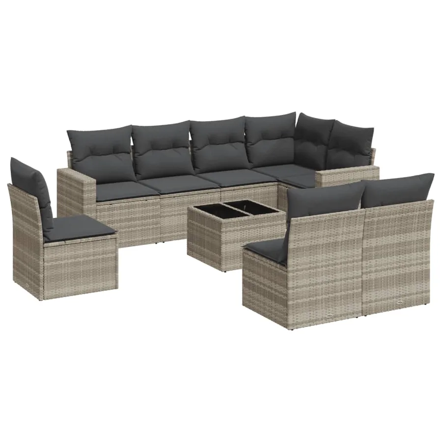 Salon de jardin 9 pcs avec coussins gris clair résine tressée - 2