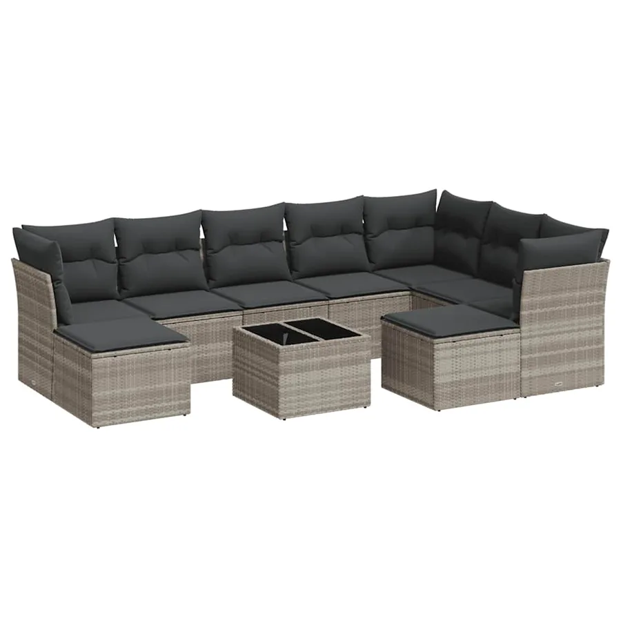 Salon de jardin avec coussins 10 pcs gris clair résine tressée - 2