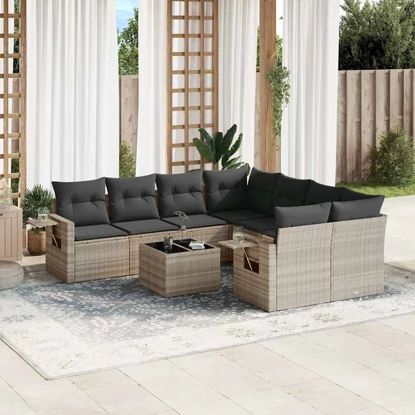 Salon de jardin 9 pcs avec coussins gris clair résine tressée