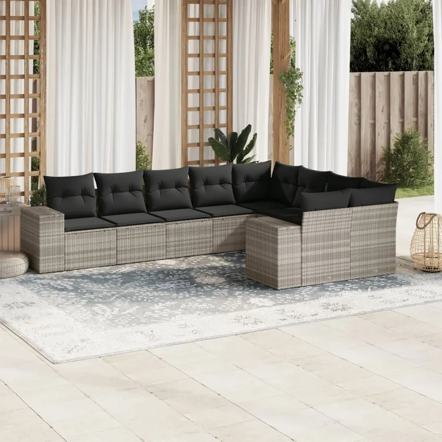 Salon de jardin 9 pcs avec coussins gris clair résine tressée