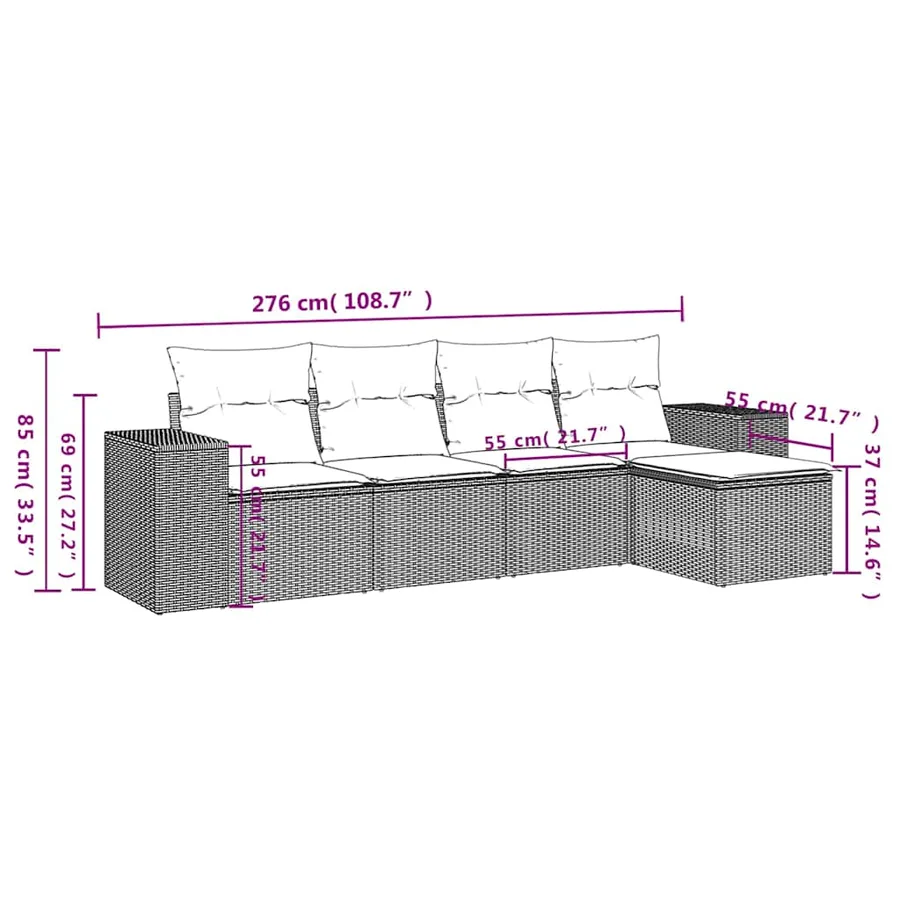 Salon de jardin 5 pcs avec coussins gris clair résine tressée - 7