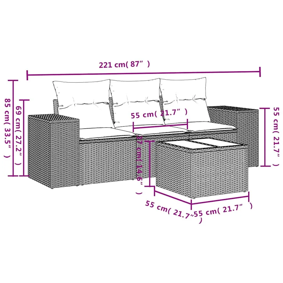 Salon de jardin 4 pcs avec coussins gris clair résine tressée - 8