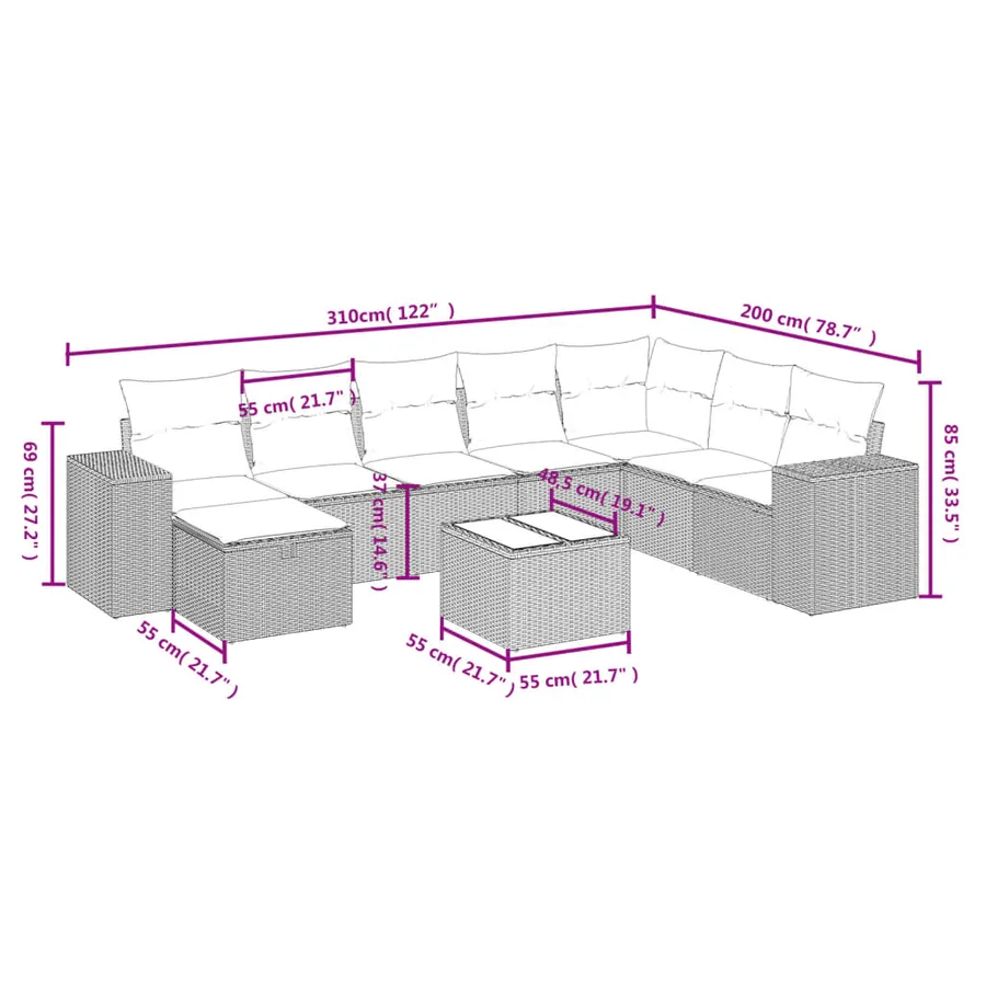 Salon de jardin 9 pcs avec coussins gris clair résine tressée - 4