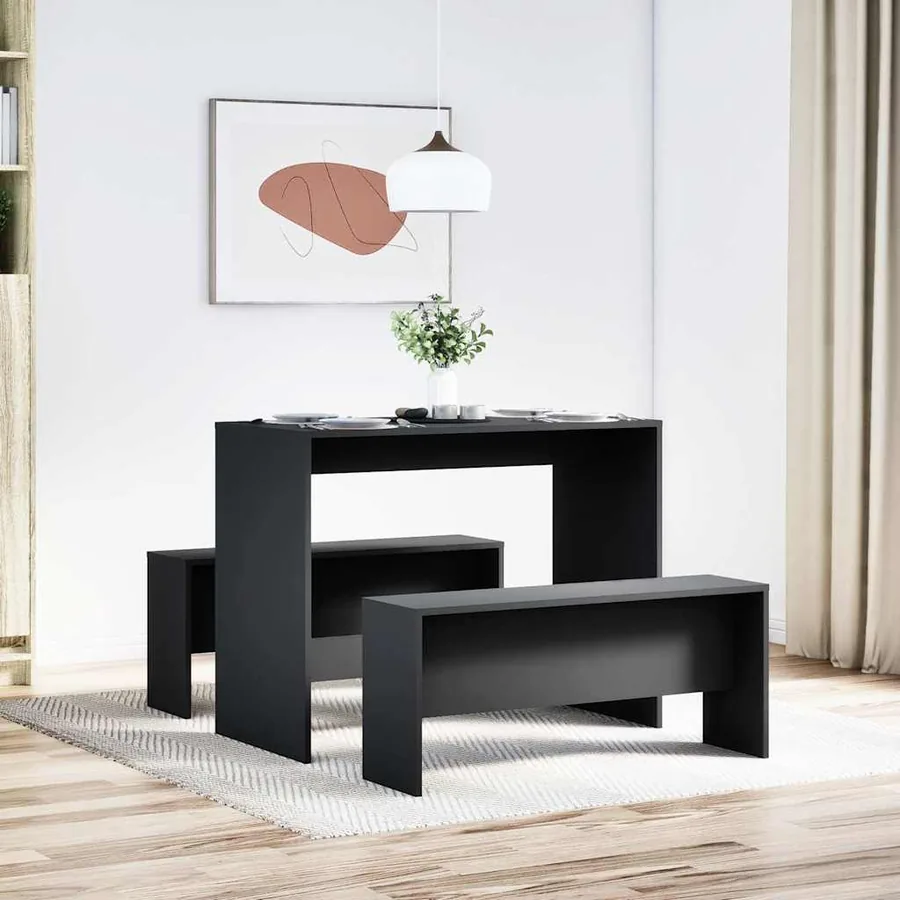Ensemble table à manger et bancs 3 pcs noir bois d'ingénierie