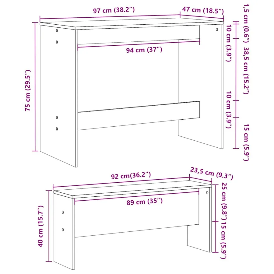 Ensemble table à manger et bancs 3 pcs noir bois d'ingénierie - 10