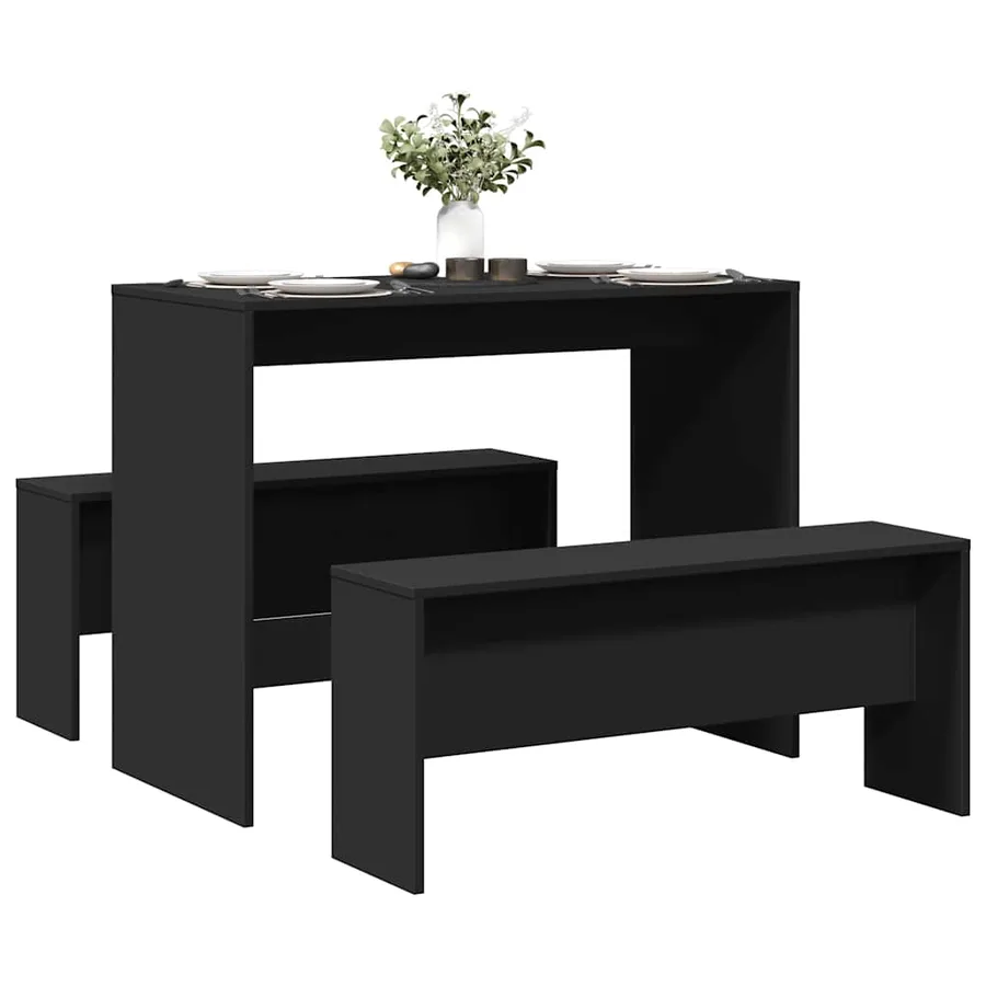 Ensemble table à manger et bancs 3 pcs noir bois d'ingénierie - 3