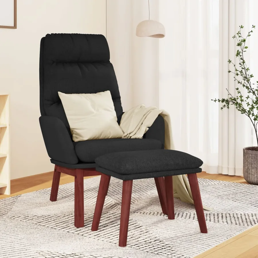 Chaise de relaxation avec tabouret Noir Tissu