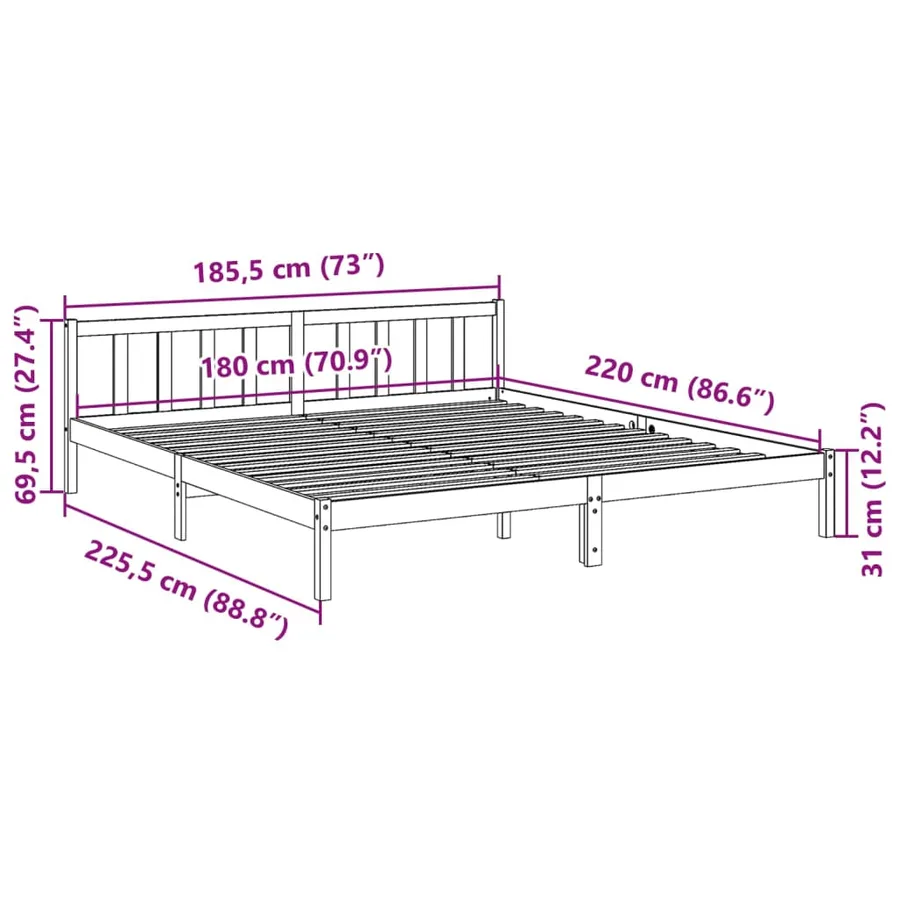 Cadre de lit extra long sans matelas 180x220 cm bois massif pin - 9