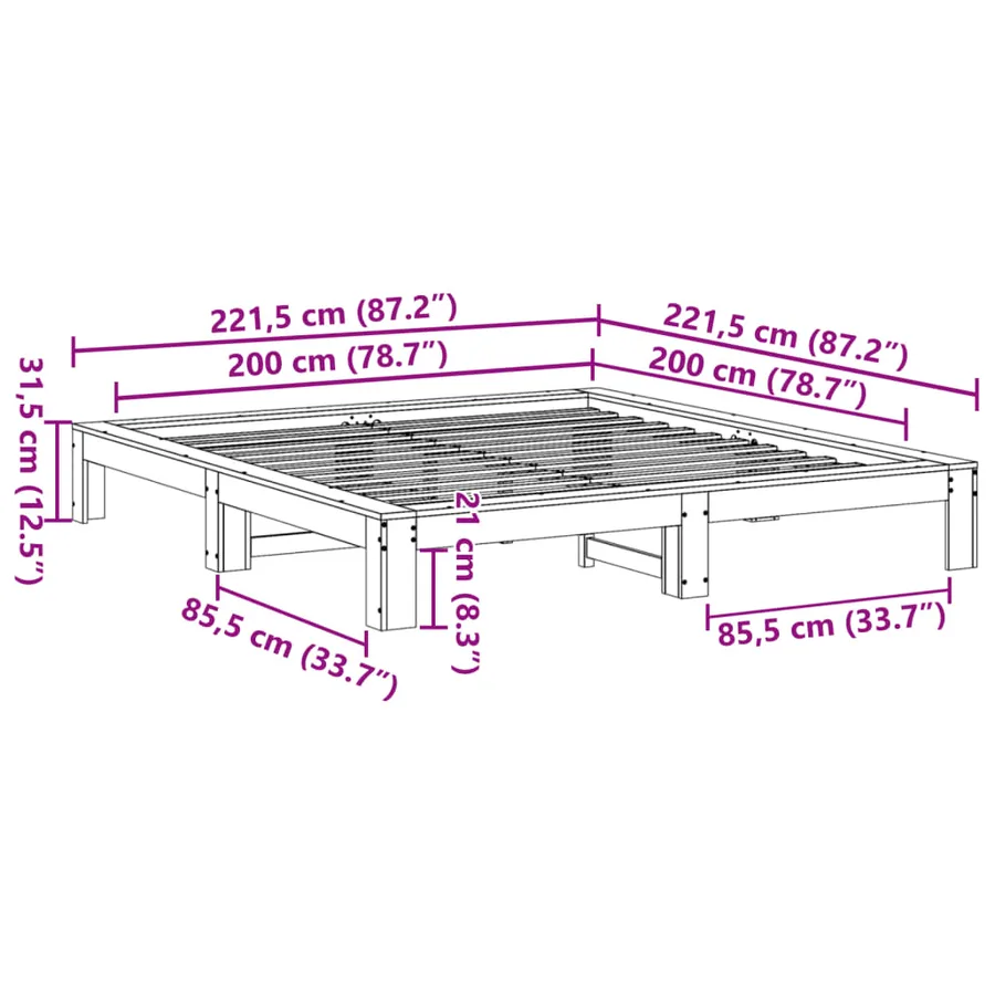 Cadre de lit sans matelas 200x200 cm bois massif de pin - 8