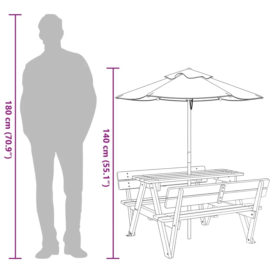 Table de pique-nique pour 4 enfants avec parasol bois de sapin - 12