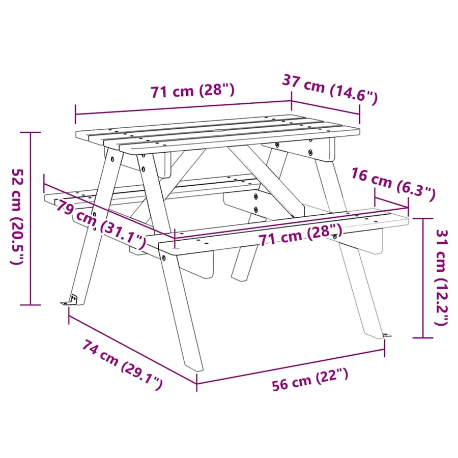 Table de pique-nique pour 4 enfants avec trou de parasol sapin - 8