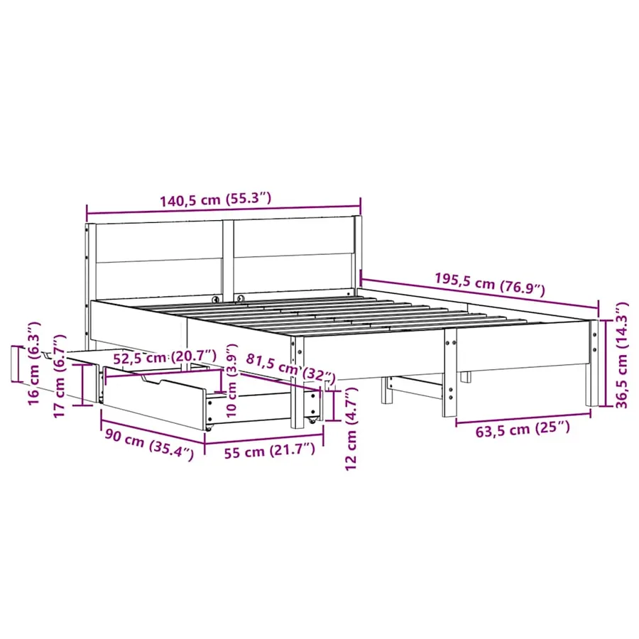 Cadre de lit sans matelas blanc 135x190 cm bois de pin massif - 12