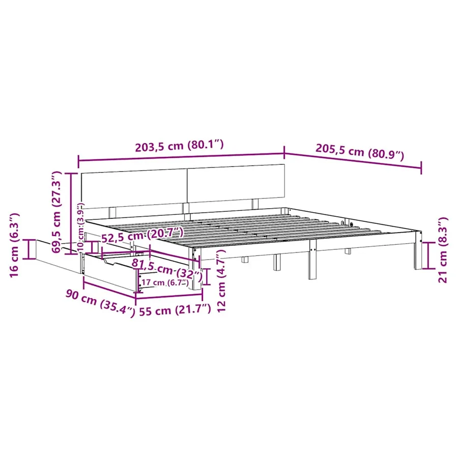 Cadre de lit avec tiroirs sans matelas blanc 200x200 cm - 11