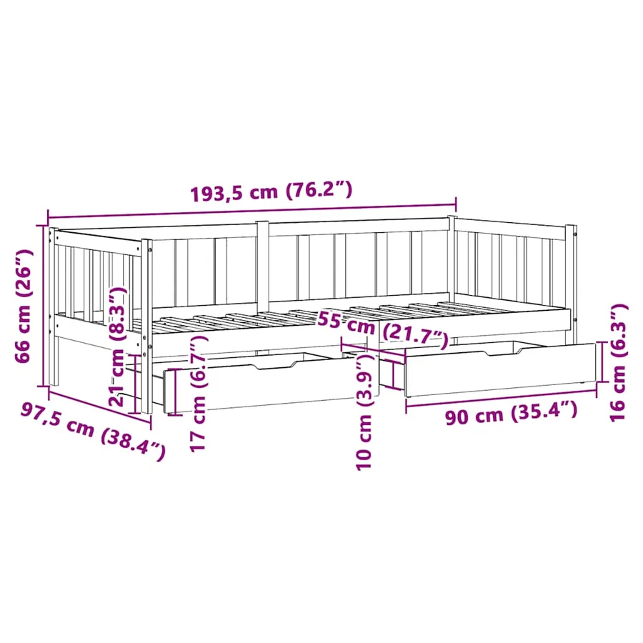 Lit de jour et tiroirs sans matelas blanc 90x190 cm bois massif - 12